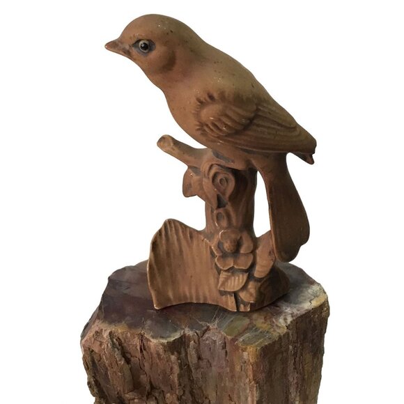 Set 2 Vintage Perched Robin Birds Ceramic Brown Matte Marked Japan 4.5in MCM - Picture 3 of 6